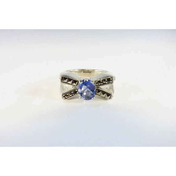 Oval Blue Glass Marcasite Accented Art Deco Style Bow Ring Sterling Silver - Picture 1 of 7
